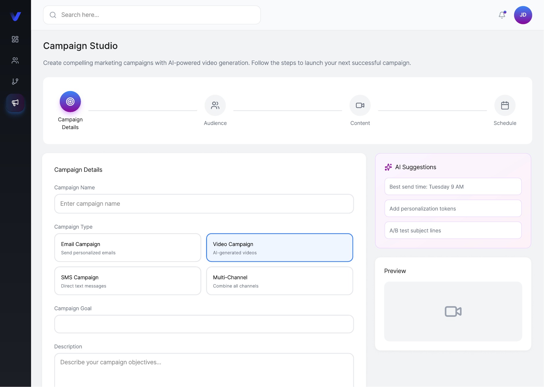 Evolo campaign studio with setup steps and AI suggestions