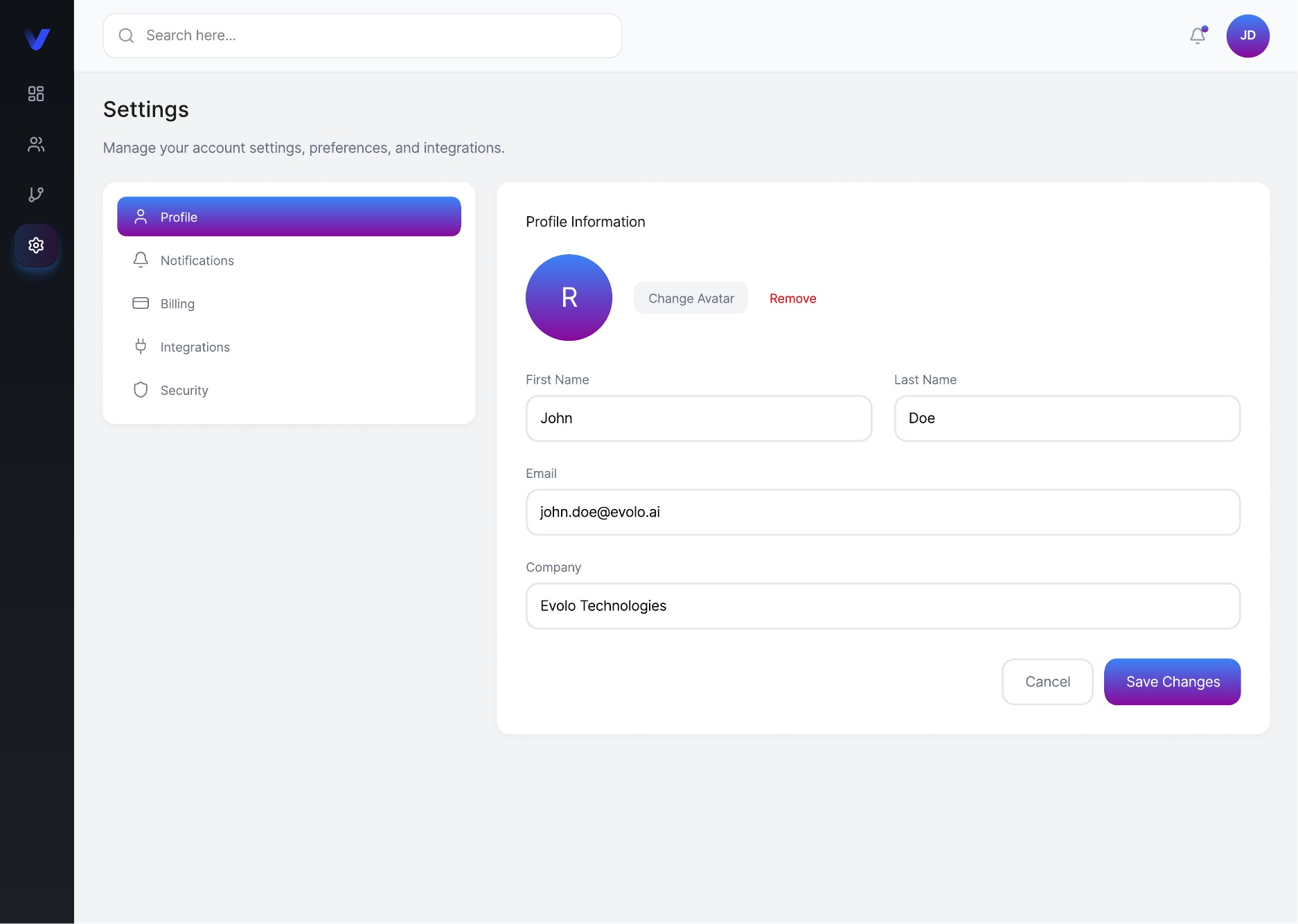 Evolo account settings interface