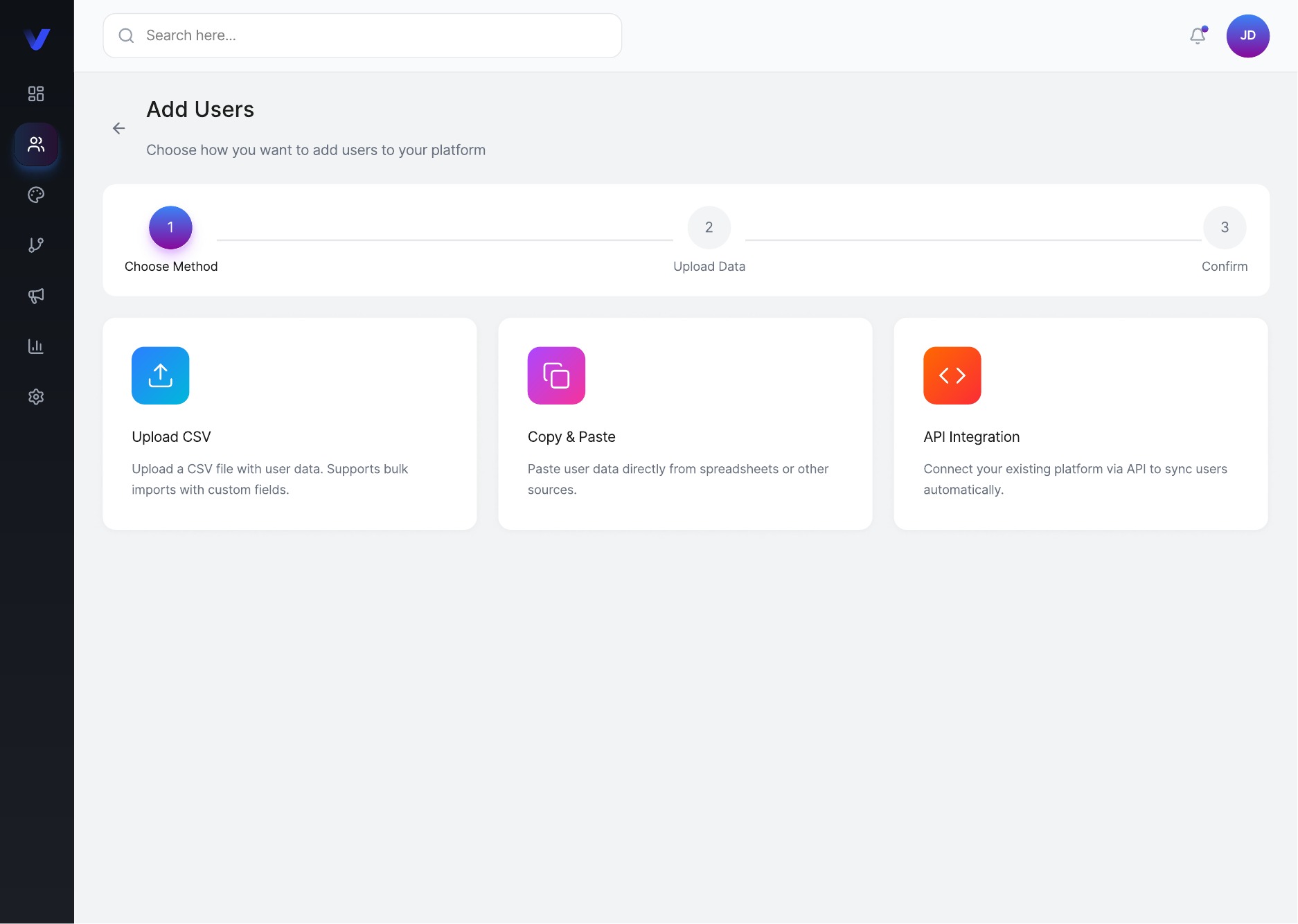 Evolo add users flow with CSV, copy and paste, and API methods
