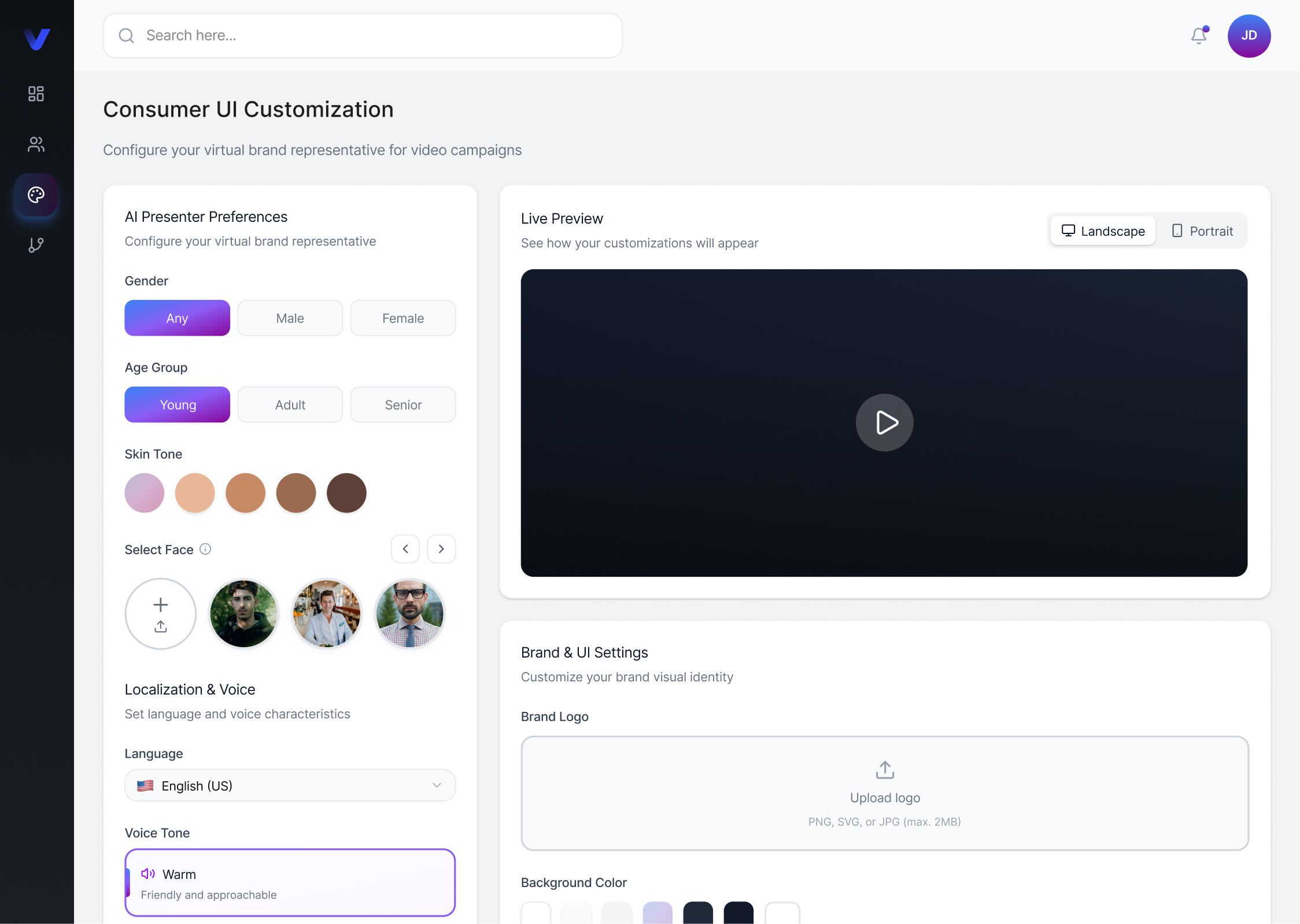 Evolo AI presenter and brand customization interface