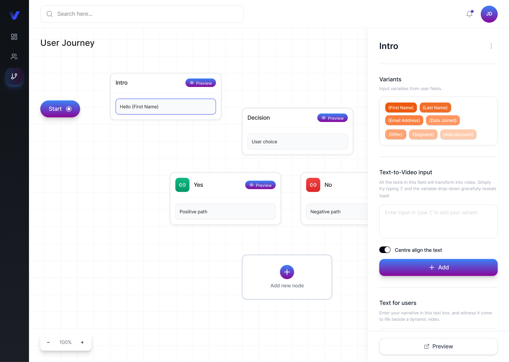 Evolo visual user journey builder with branching narrative nodes