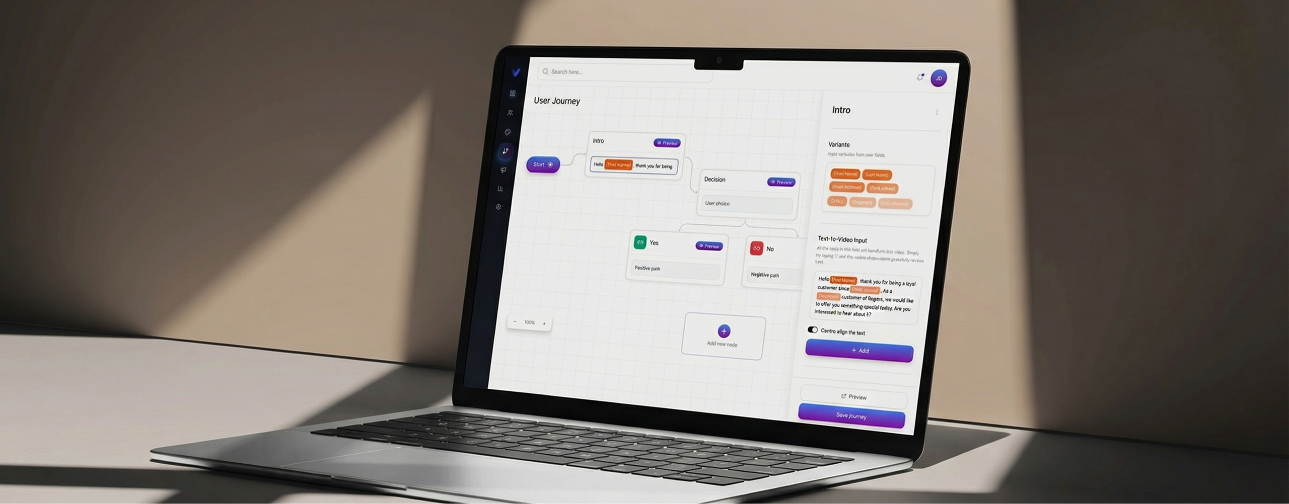 Evolo AI journey builder displayed on a laptop