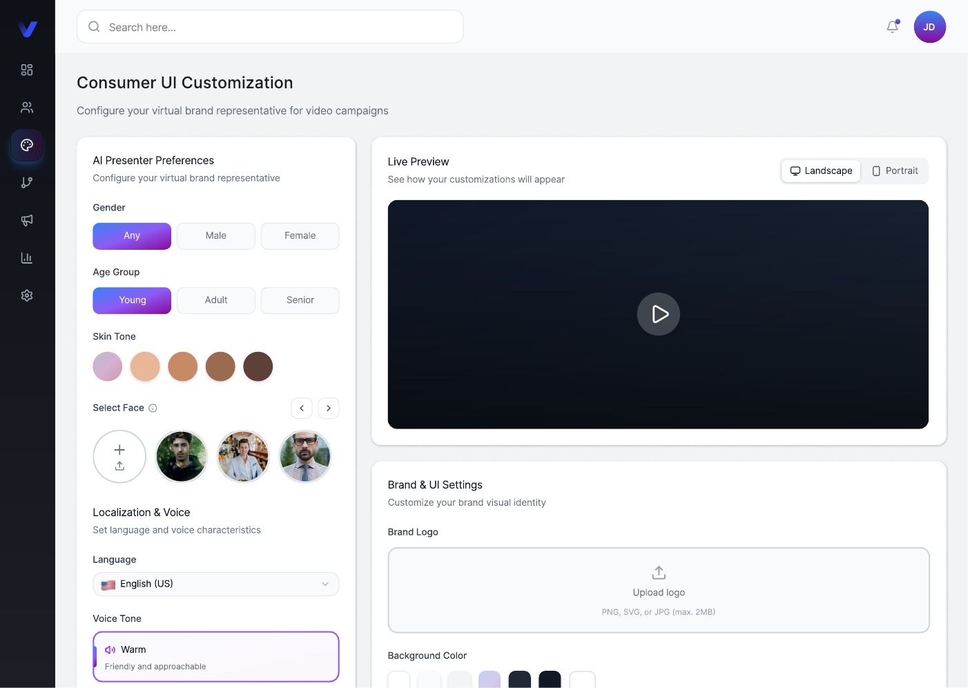 Evolo consumer UI customization screen with presenter preferences and live preview