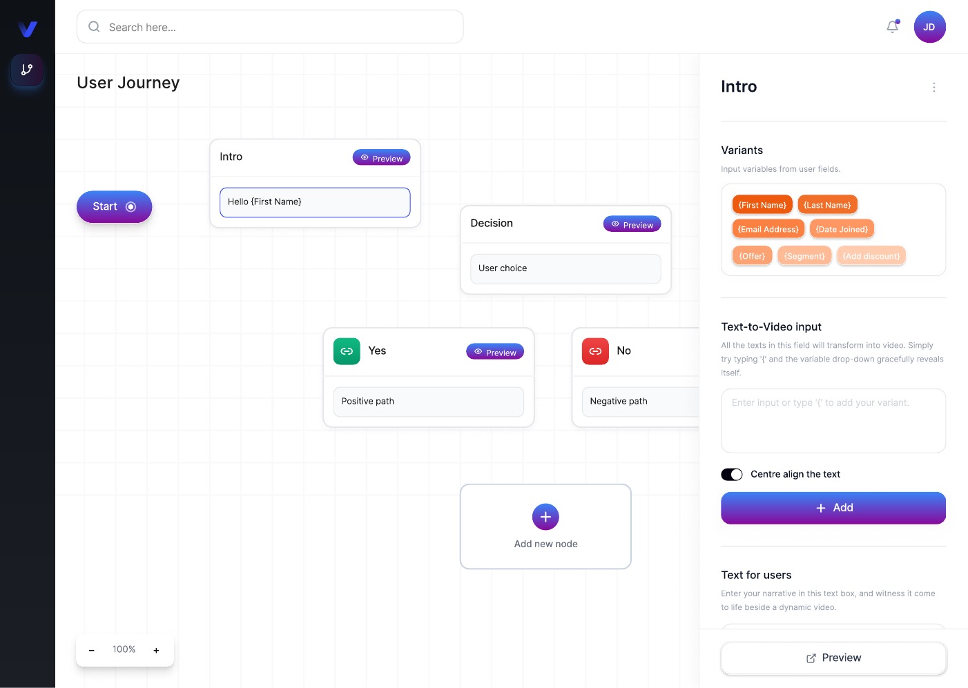 Evolo journey builder with branching yes and no paths and text-to-video input