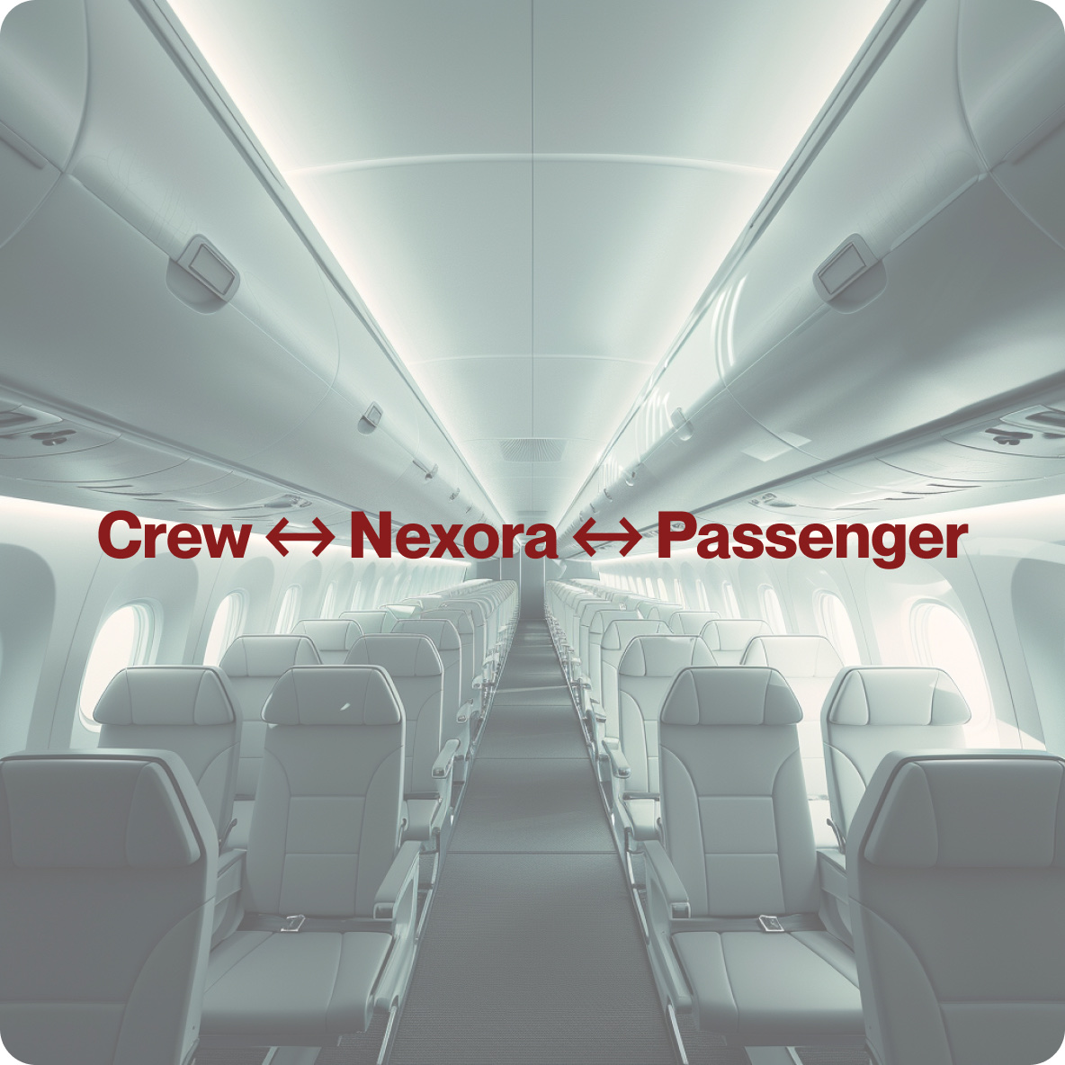 A modern aircraft cabin representing the connection between crew, Nexora, and passengers