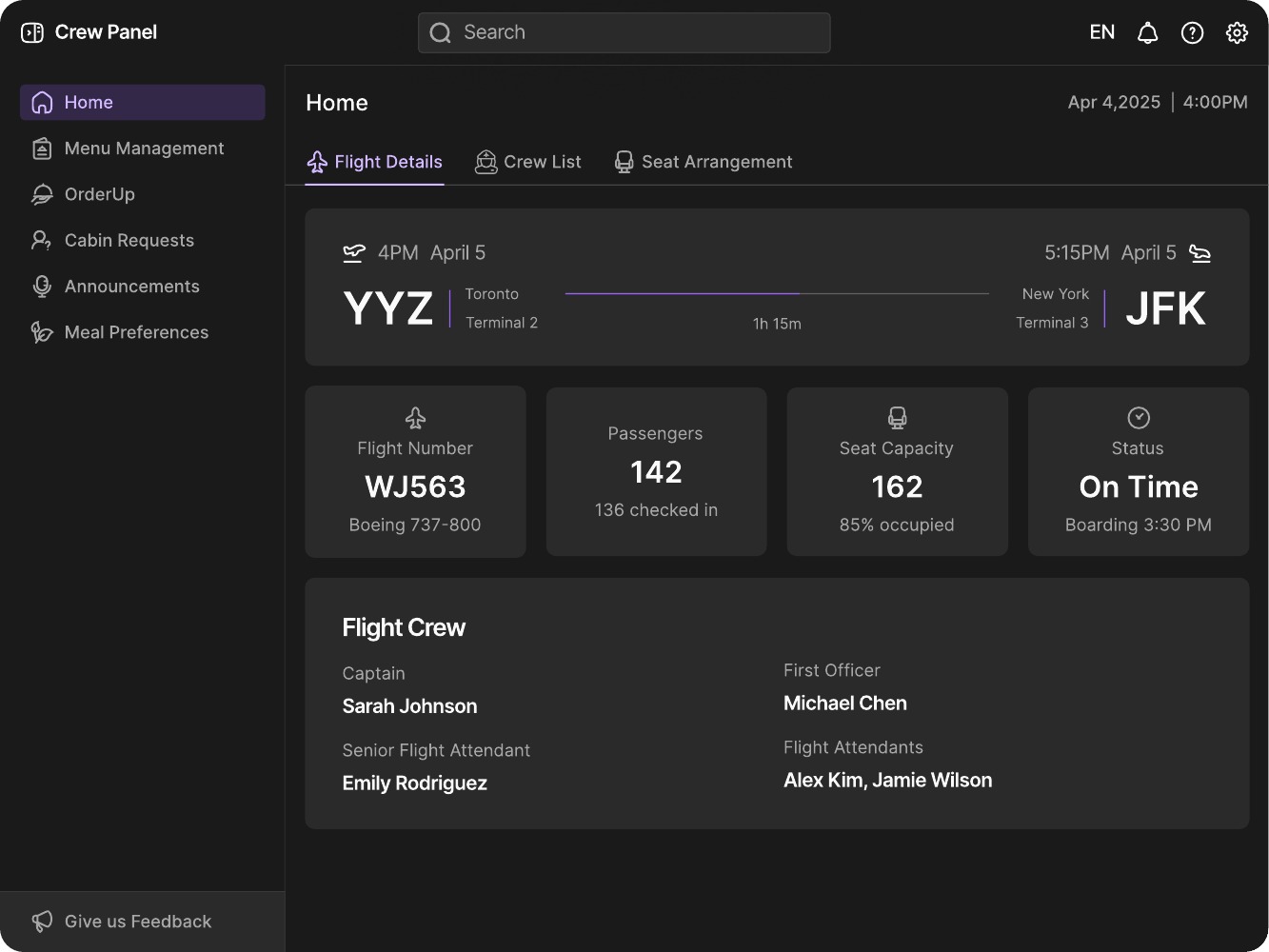 Crew panel flight overview with route, passenger count, seat capacity, status, and crew list