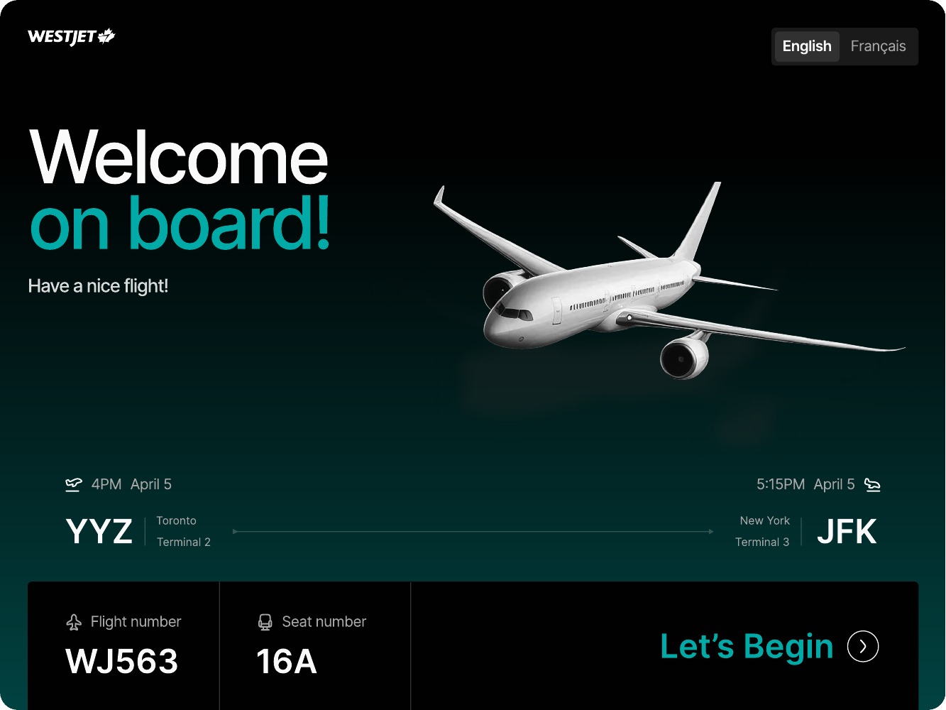 Passenger seat-back welcome screen with flight route and seat details