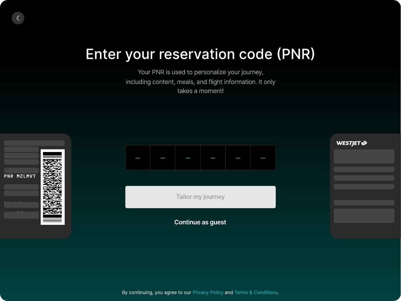 Passenger screen for entering a reservation code to personalize the journey