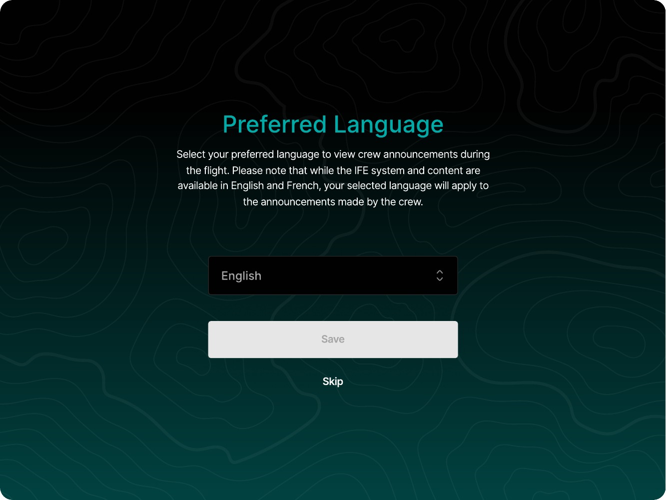 Passenger onboarding screen for choosing the preferred crew announcement language