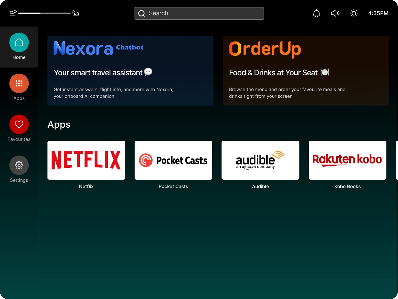 Passenger entertainment home screen with Nexora, OrderUp, and media apps