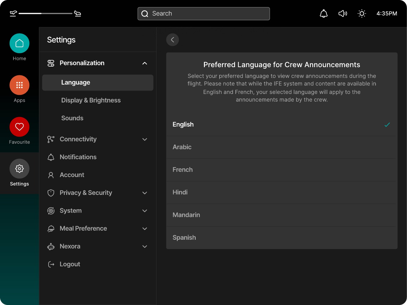 Passenger settings screen for changing the preferred crew announcement language