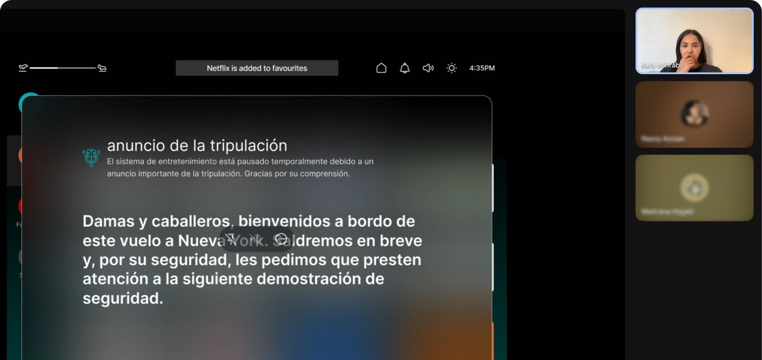 Remote usability session reviewing a translated Spanish crew announcement on the passenger screen