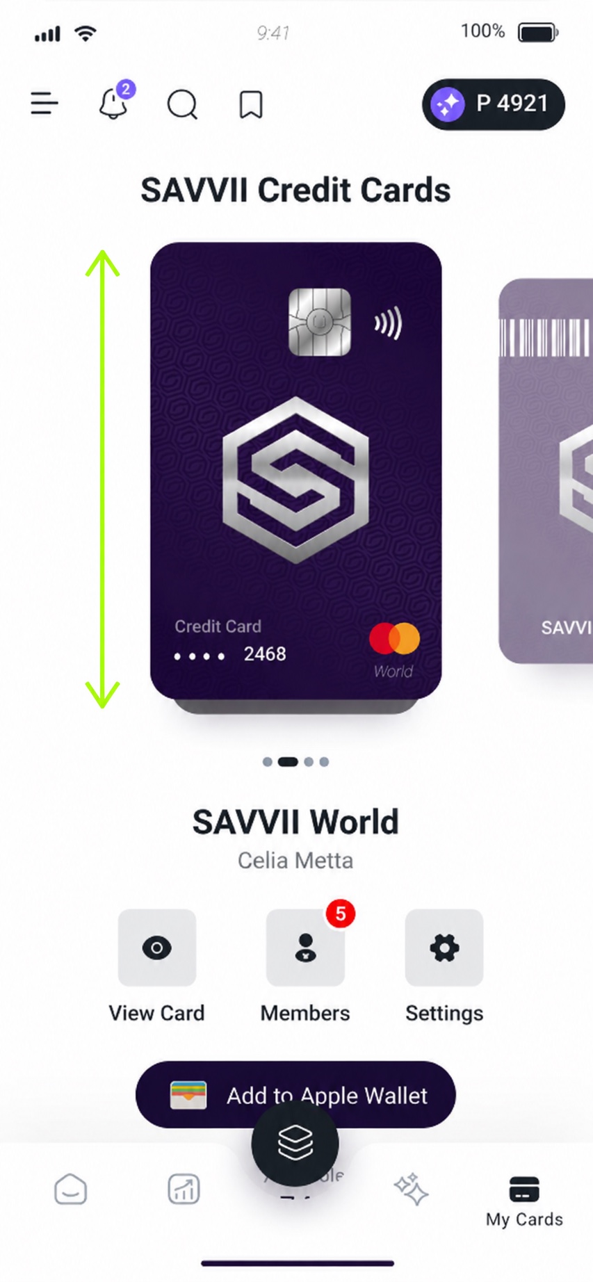 Original SAVVII card screen with a green vertical annotation showing the oversized card