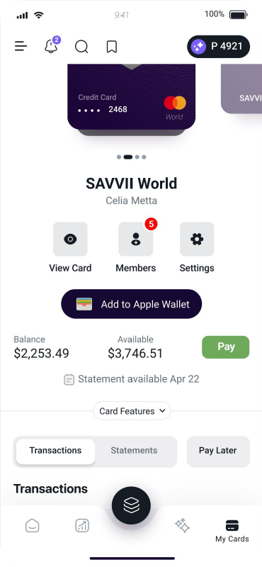 Original SAVVII card screen with the large gap between the card and financial information highlighted