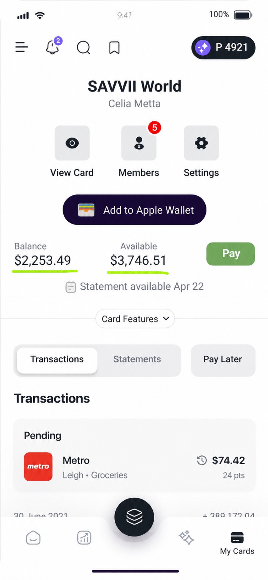 Original SAVVII card screen with balance and available credit underlined in green